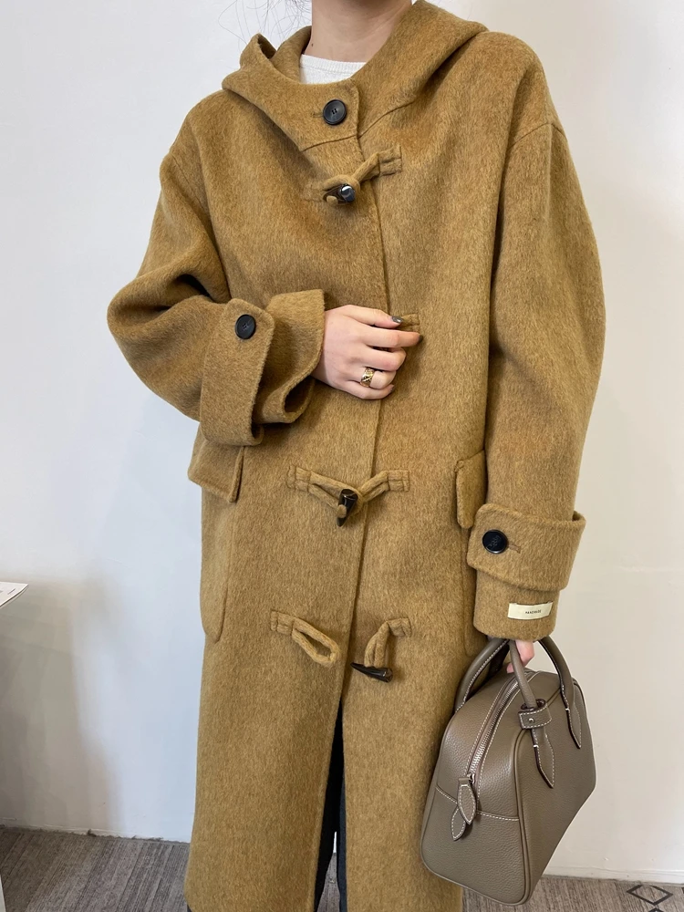Korean Double Sided Cashmere Coat with Cow Horn Buckle for Women's Autumn Winter Jacket Hooded College Style Long Woolen Coat