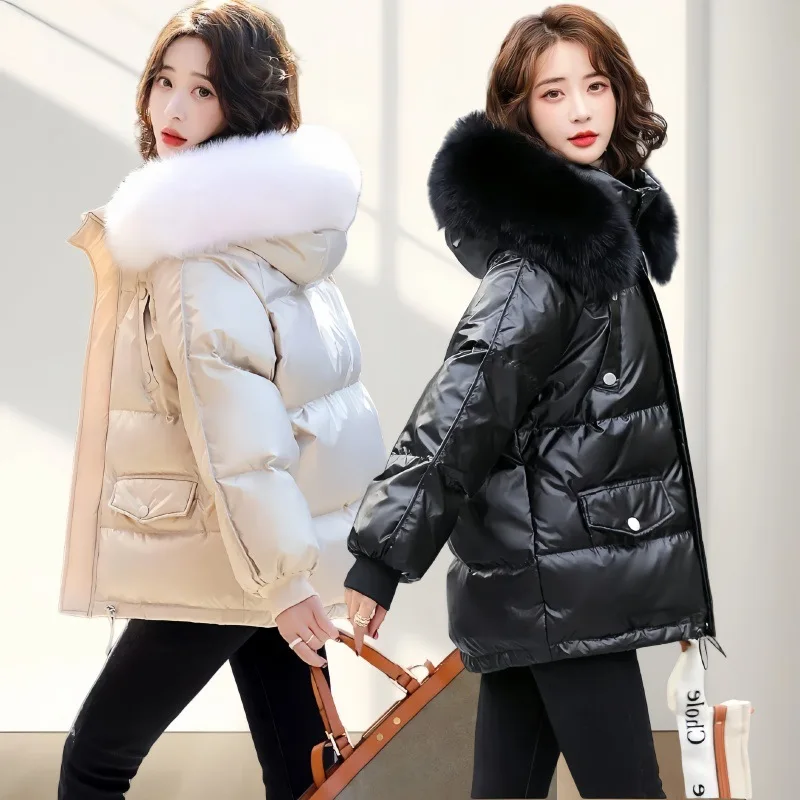 Down and Cotton Jacket Women's Short 2025 New Korean Fashion Down Jackets Shiny Cotton Jacket Loose and Stylish Warm Coat