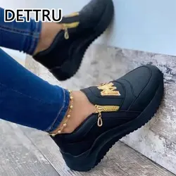 DETTRU Women Sport Shoes Thick Bottom Solid Color Ladies Vulcanized Sneakers Ladies Fashion PU Shoes Ladies Zipper Sneakers