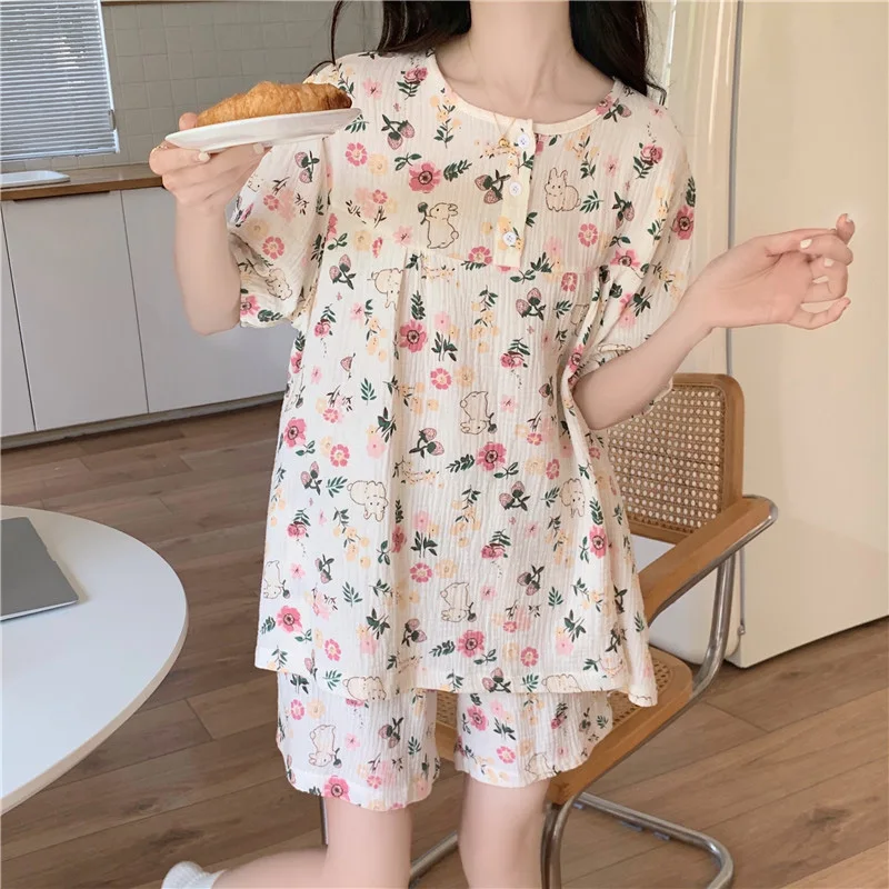 

Rabbit Cute Print Floral Home Summer NightDress Women Cartoon Sweet Casual Elegant Sleepwear Two Piece Set Pajamas Ins Loose