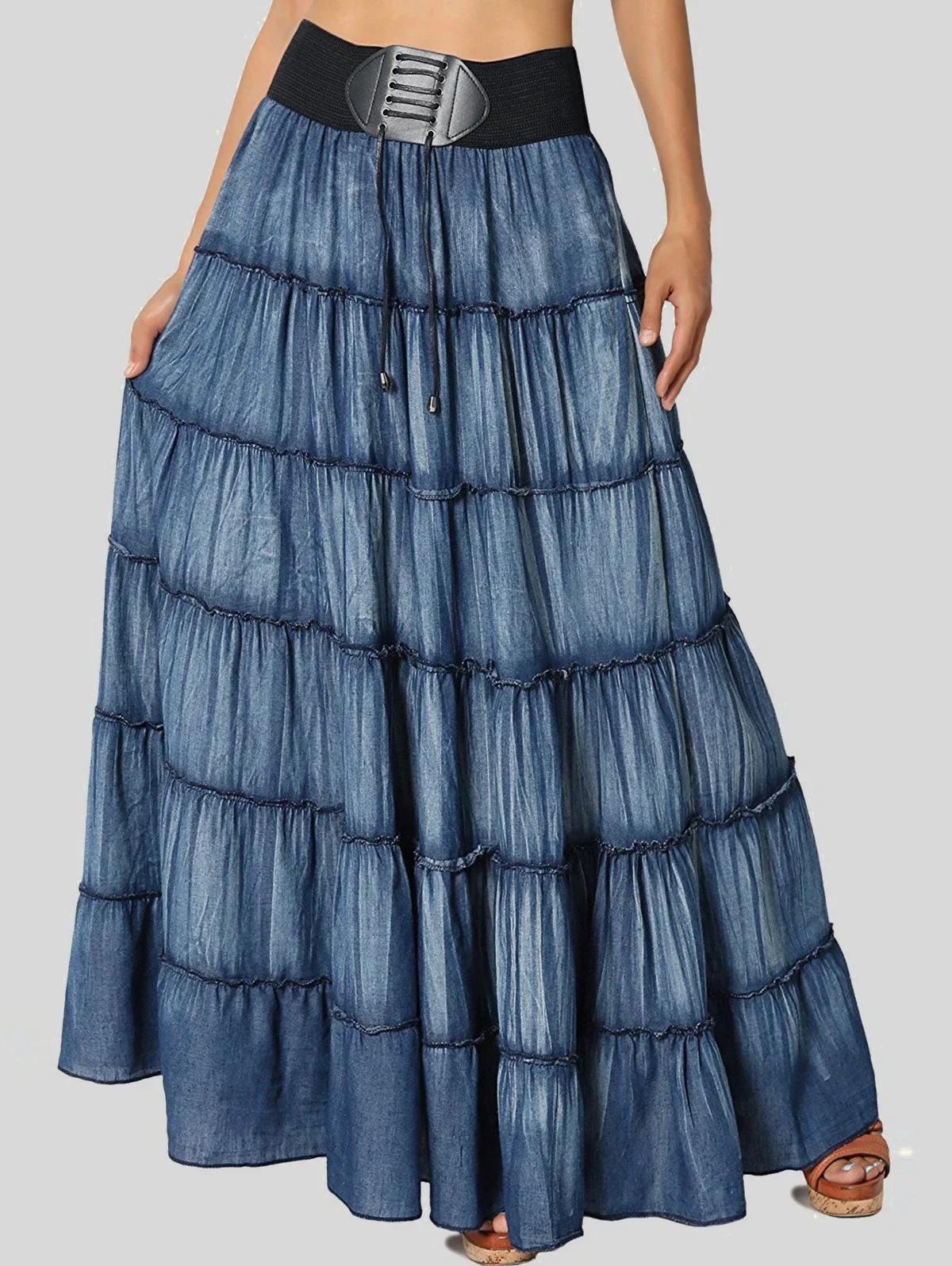 Women Pleated A-Line Skirt High Waist Layer Cake Skirt Sweet Casual Vintage Solid Denim Blue Skirts for Women's 2025