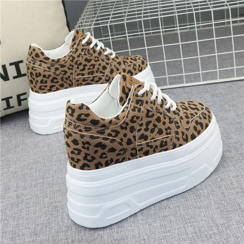 Fashion Sexy Women Platform Leopard Casual Sneakers New Autumn Winter Outdoor Sport Style Round Toe Design 12cm High-Heel Shoes