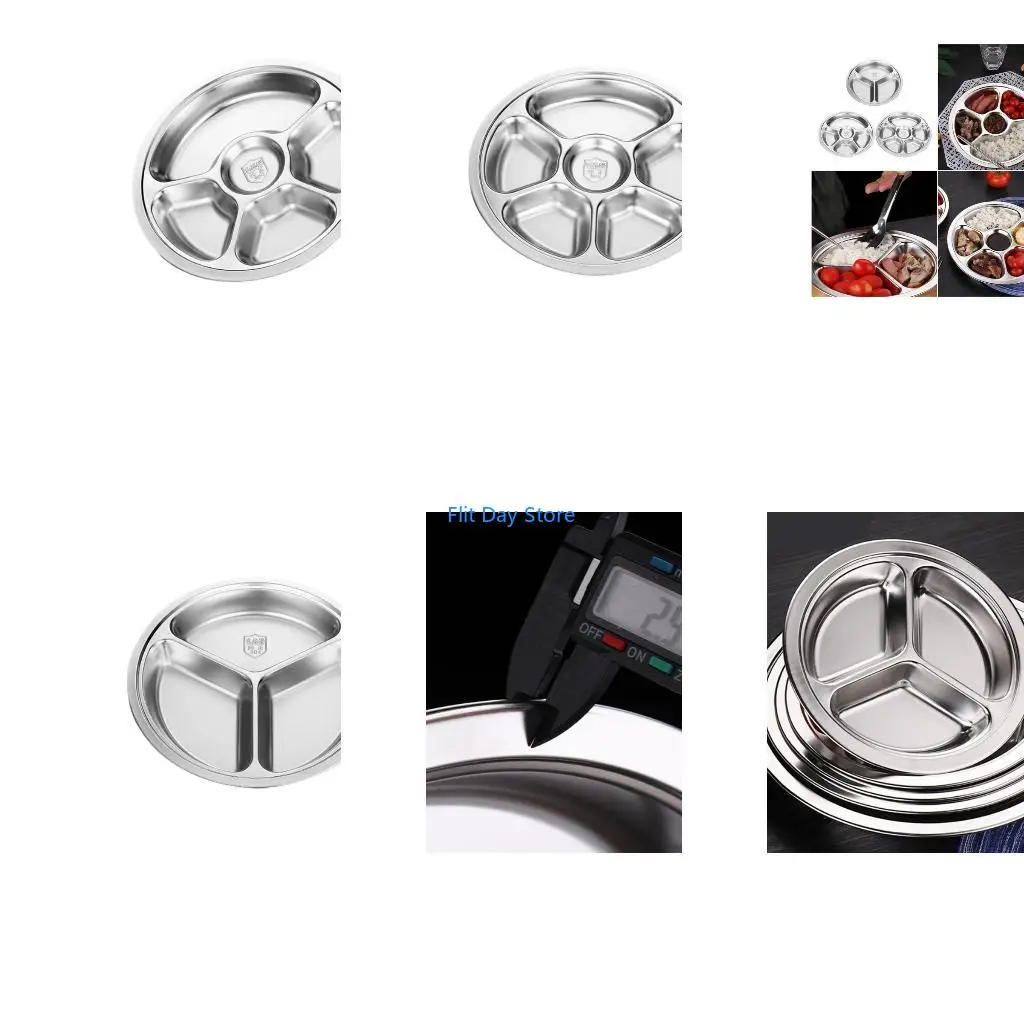 F92C Stainless Steel Round Multi Compartment Dish 28cm For Food Separation Home Use Microwave Oven Safe Divided Tableware
