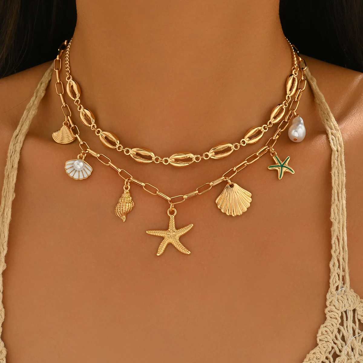 2 Piece Layered Beach Necklace Set Seashell Starfish Cowrie Pearl Pendant Paperclip Chain Boho Summer Trendy Jewelry
