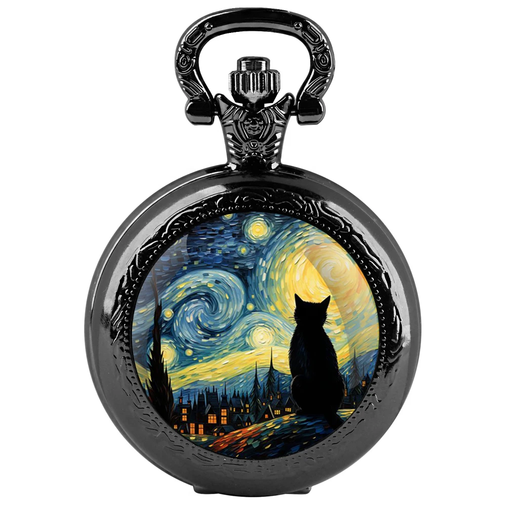 New Quartz Pocket Watch for Women Men Kids Unique Starry Star Cat Design Vintage Clock Watches Chain Jewelry Pendant Gift