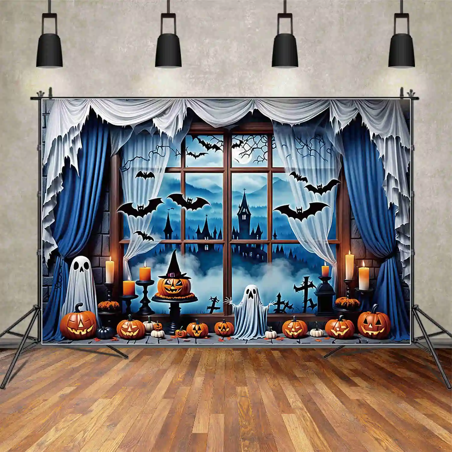 MOON.QG Halloween Window Scenery Photography Backdrops Pumpkins Lanter Castle Photozone Backgrounds Studio Photobooth Props