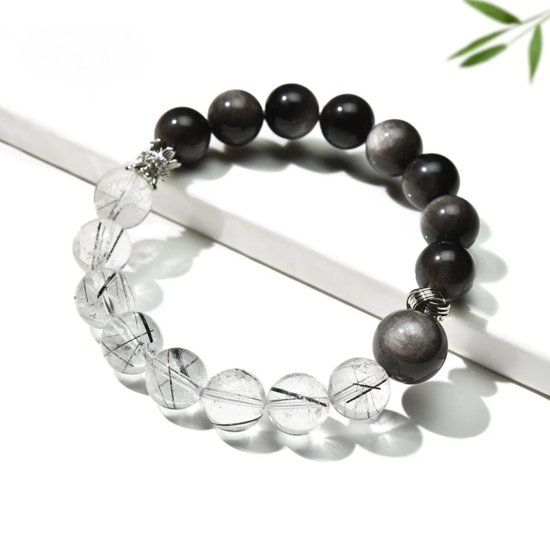 

Obsidian silver obsidian beaded couples bracelet with high-level sense oforiginal black hair crystal strings wholesale jewellery