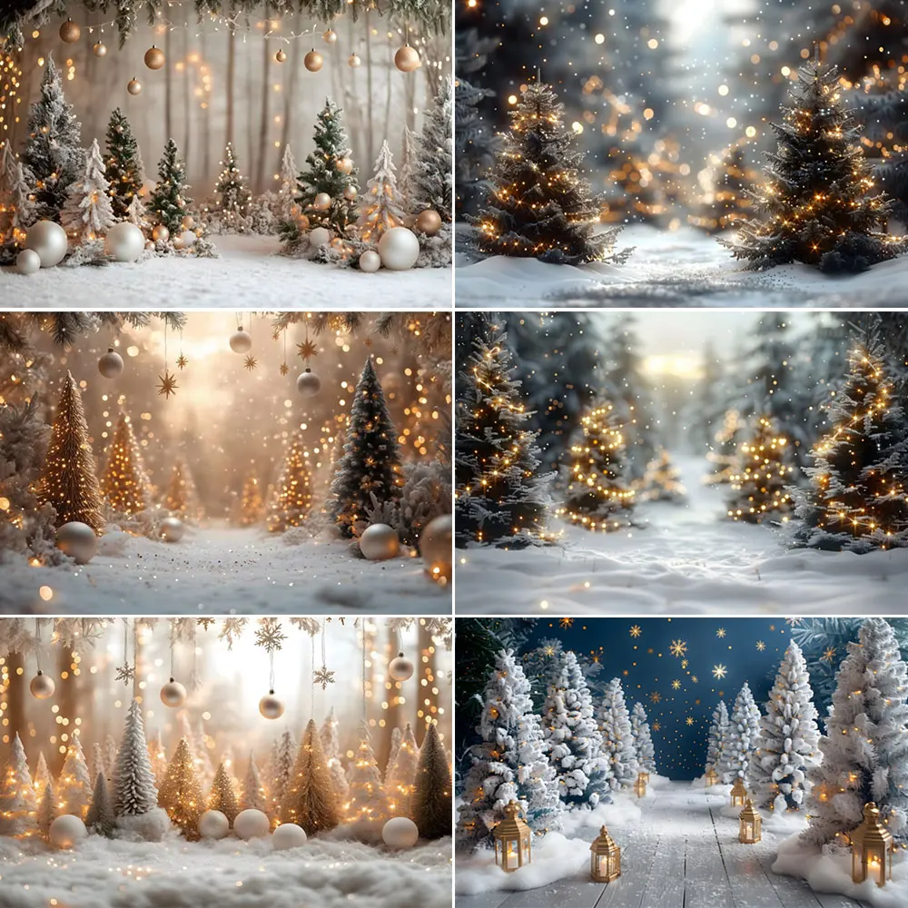 

Winter Christmas Tree Balloon Photography Backdrop Snowy Night Pine Trees Forest Kid Portraits New Year Party Decor Banner Prop