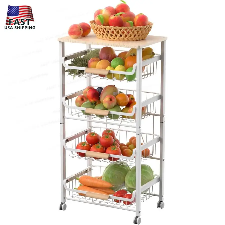 JAQ Pull-Out Fruit Basket 5-Tier Slide Out Metal Storage Baskets Carts Organizers Drawers with Wood Top Table and Handle with R