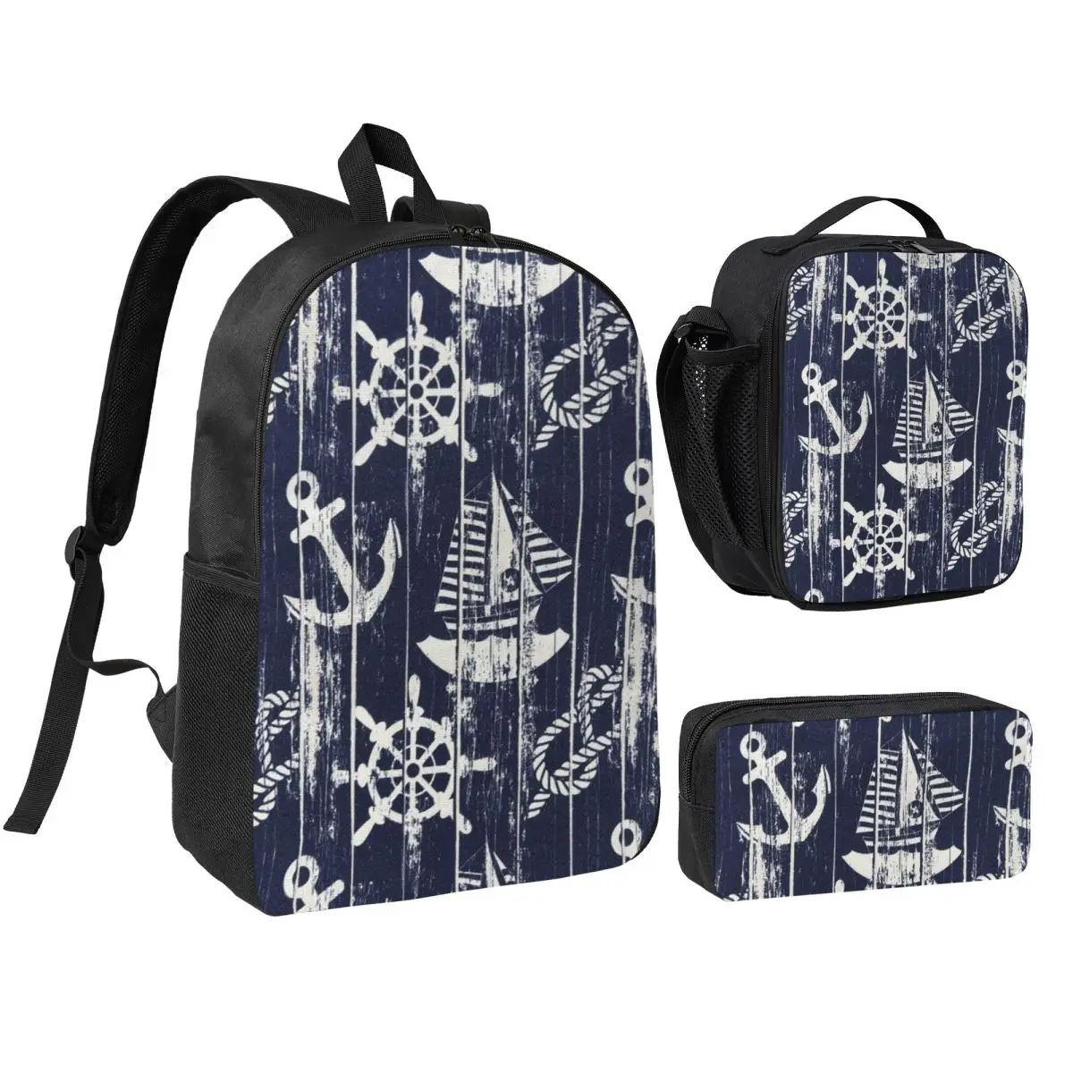 Navy Blue Nautical Anchor-Shaped Backpack Student BookBag School Bag Shoulder Bags 3ps Insulated Lunch Bag Pencil Case