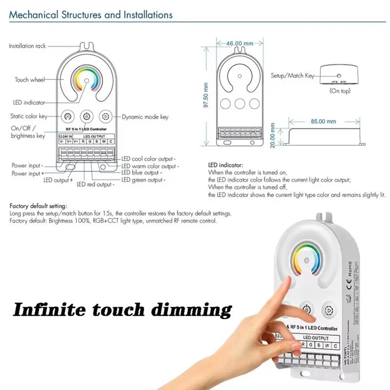 A59Z-V5-T Tuya WIFI LED Controller 5-In-1 CV 5Chx3a CCT RGB RGBW RGBCCT DC12V 24V Touch Switch Dimmer For LED Strips