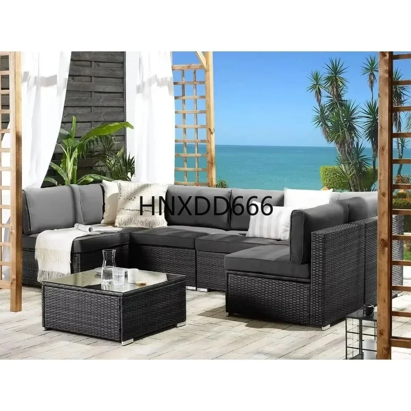 

7-Piece Outdoor Rattan Sectional Sofa Set with Glass Top Table for Patio Conversation
