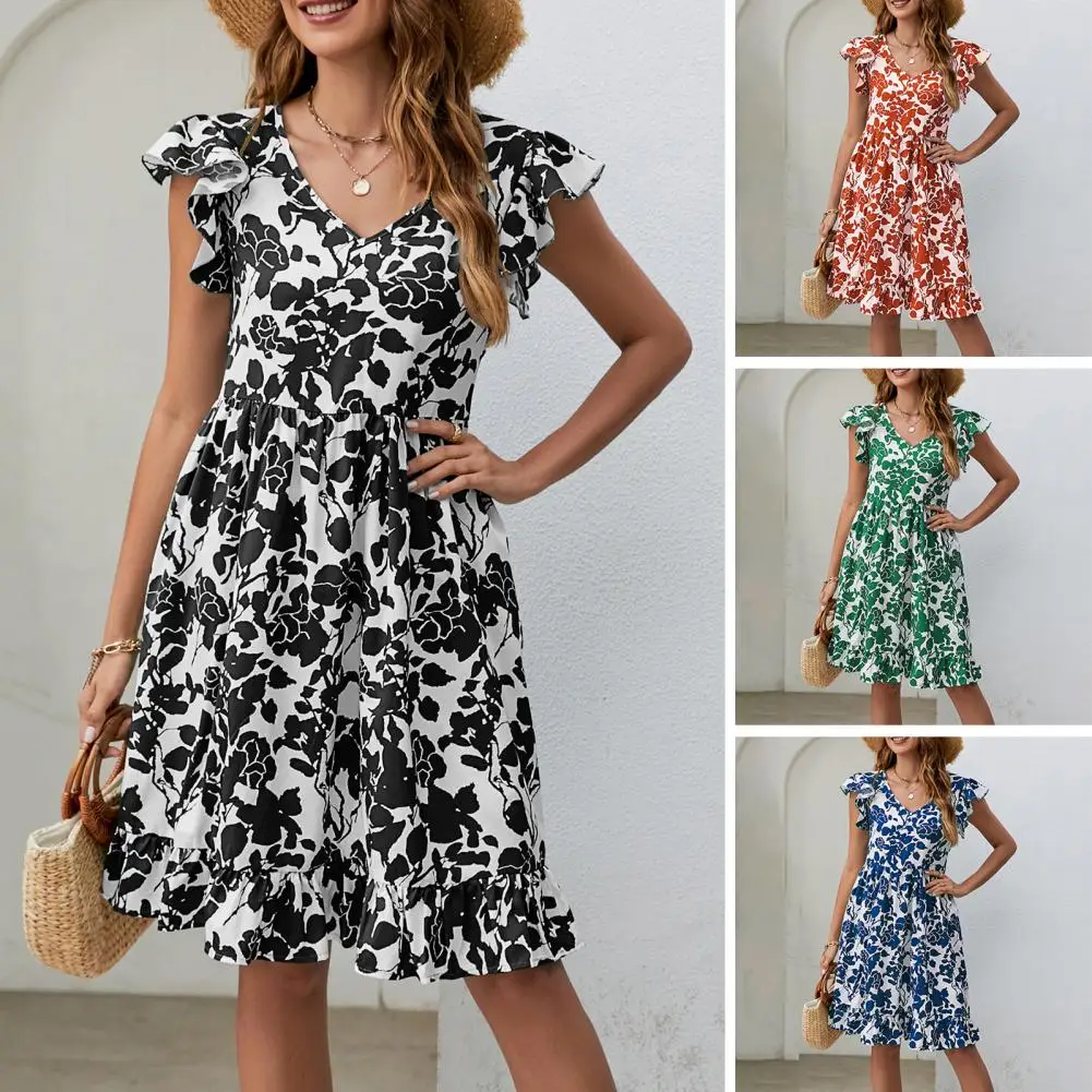 Vestido corto informal con estampado Floral para mujer, minivestido con cuello en V, dobladillo con volantes, ropa de calle elegante, vestido informal para vacaciones, estampado de hojas