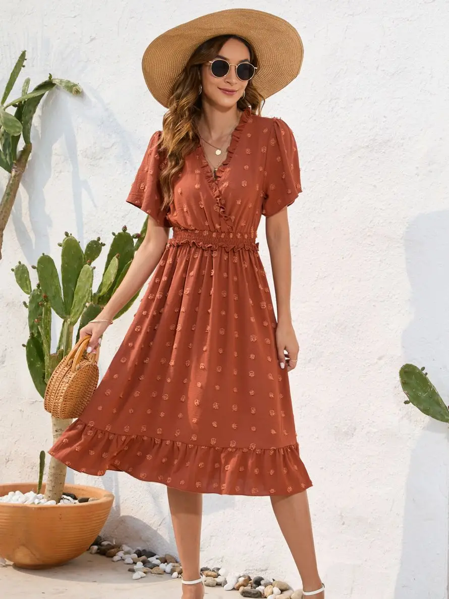 

2023 New Elegant Women's Dresses Summer V-Neck Short Sleeve Loose Casual Party Dress Women Soild Holiday Long Boho Dresses