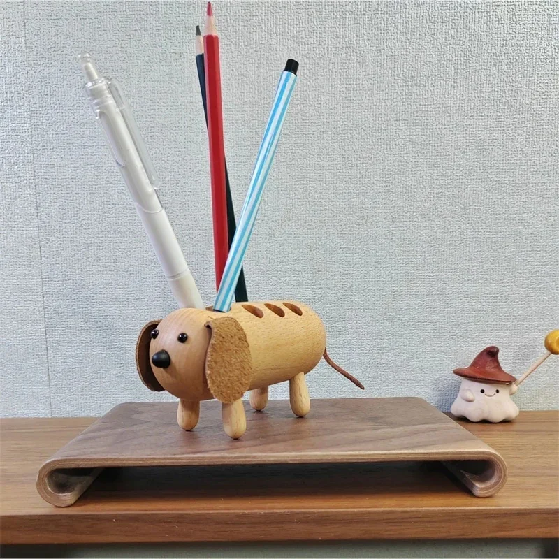 Solid Wood Kids Dog Pencil Holder Animal Figurine Educational Toy Desk Decor For Children Cute Fun Birthday Christmas Gift