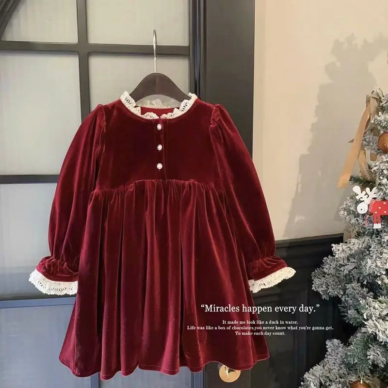 Corduroy Girls Dress Korean Version Baby New Year Dress Wine Red Velvet Lined Winter Dress for Toddler & Kids 18M-8Y