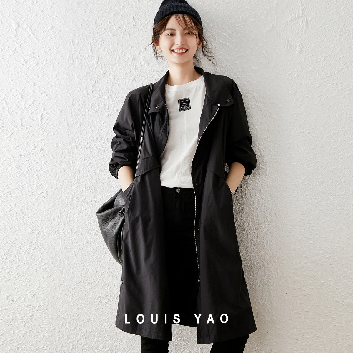 LOUIS YAO Tied Stand Up Collar Women's Jacket 2025 Autumn Loose Windbreaker Solid Color Stylish Cool Mid-Length Trench Coat