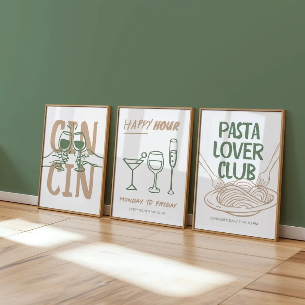 3pcs Frameless Cin Cin Cheers Wall Art,Retro Happy Hour Cocktail Poster,Pasta Lover Italian Food Printing,Bar Cart Kitchen Decor