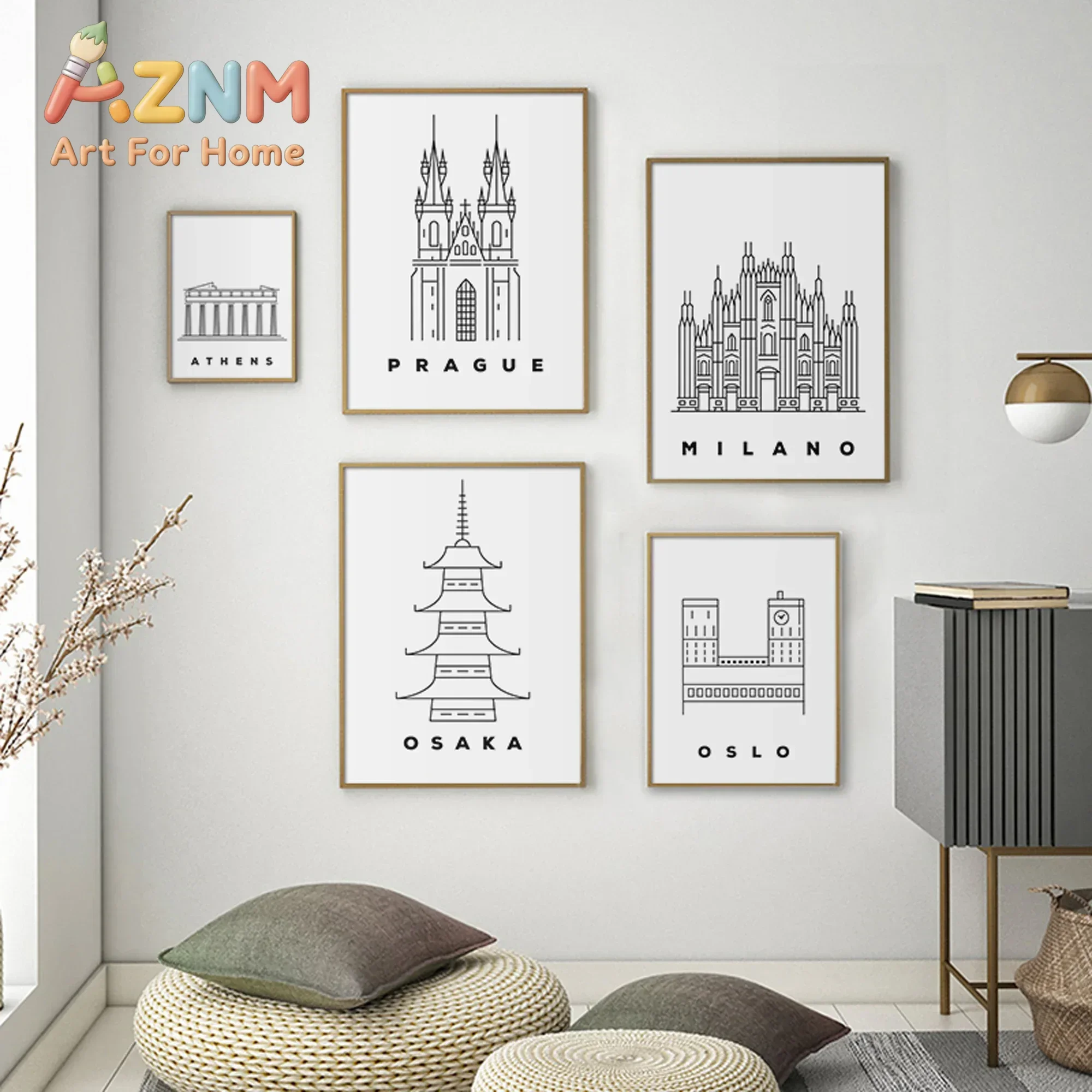 AZNM Minimalist Line Art World City Landmark Canvas Print Athens Prague Milano Osaka Oslo Travel Wall Art Home Decor Unframed Ca