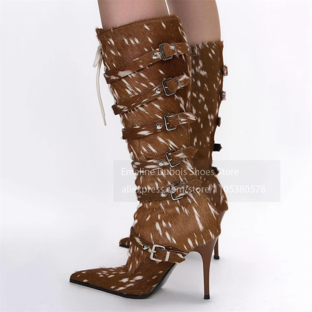 Buckle Faux Fur Pointed Toe Warm High Boots Lace up Multi Strap Stiletto Heel Knee High Boots Fashion Women Suede Winter Bootie