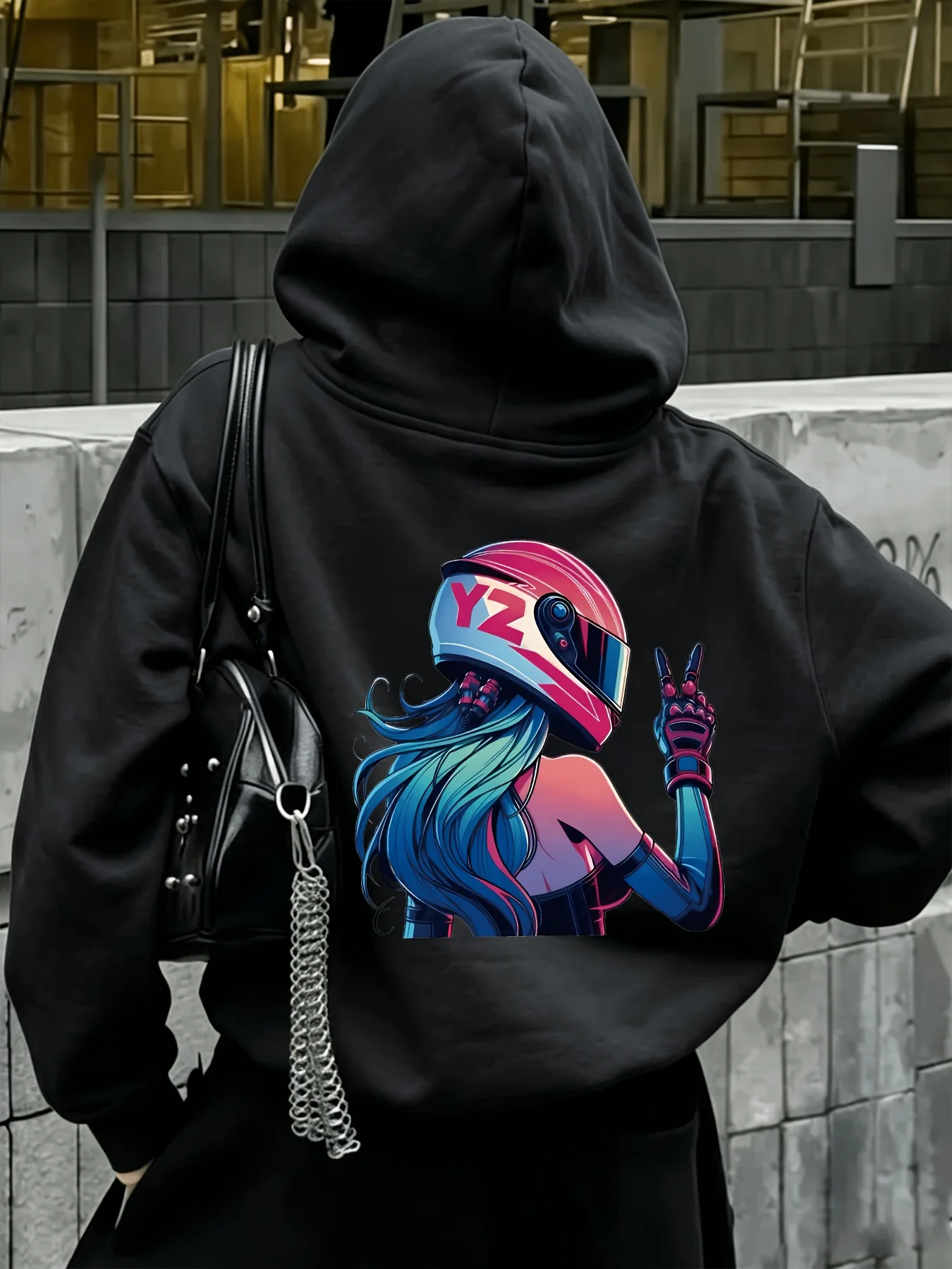 Women Fashion Casual Sports Hoodie Biker Rider Making Peace Sign Back Print Long Sleeve Pullover Hooded Sweatshirt Loose