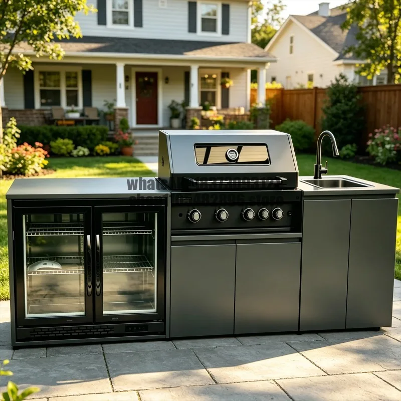 

Modern Modular Functional Stainless Steel Outdoor Kitchen Cabinets With Grill Cooktop Sink Fridge LED For Backyard Patio Garden