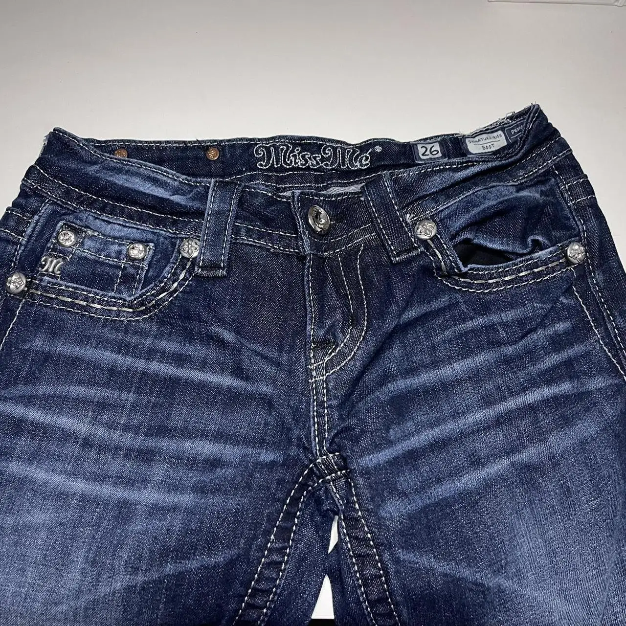 Celana Jeans biru mode Y2k Jeans wanita bordir Harajuku Hip Hop jalan Jeans kasual longgar pinggang tinggi kaki lurus celana kaki lebar