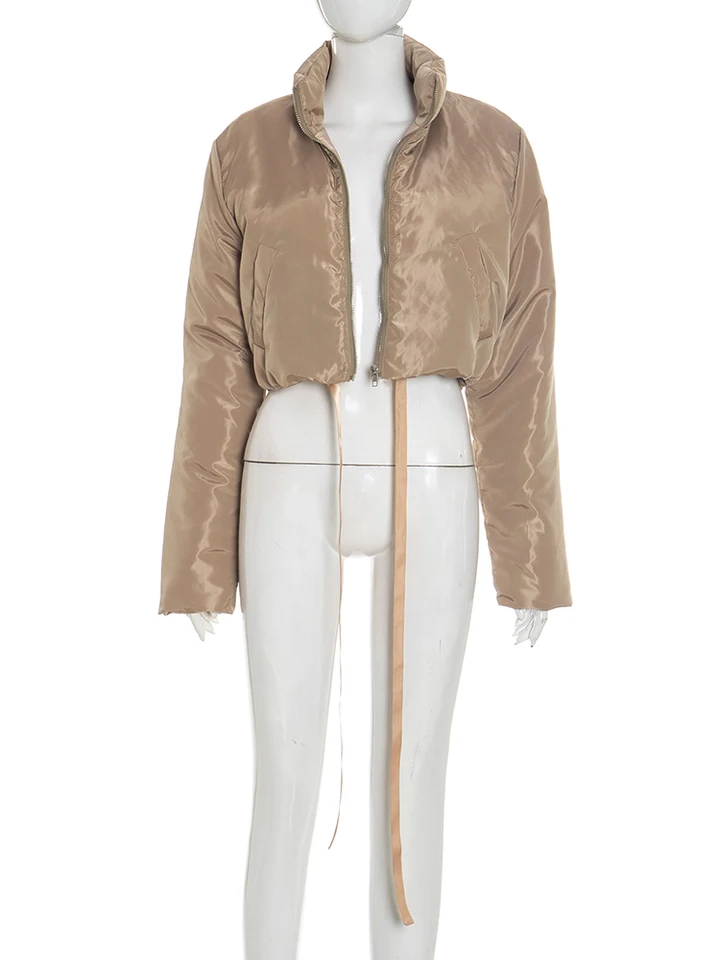 Weird Puss Warm Zip Crop Jacket Women Hipster Pocket Turtleneck