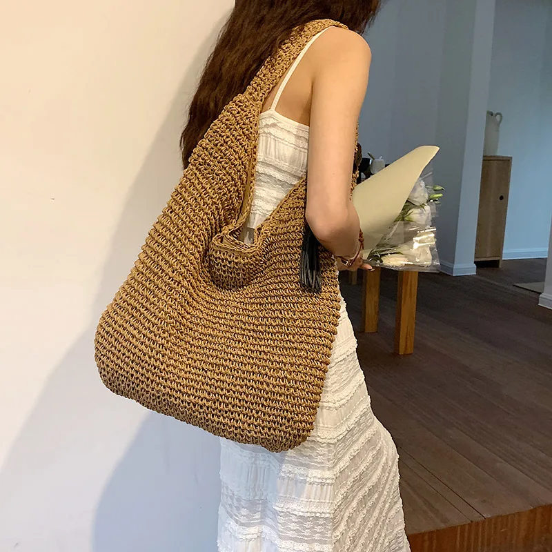 

Fashion Large Capacity Straw Weave Shoulder Bags For Women 2025 Summer Beach Bag Retro Khaki Beige Tote Handbags Ladies bolso