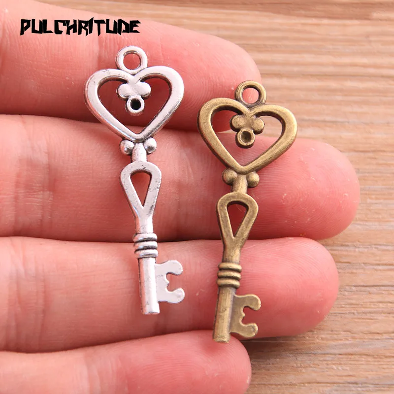 10pcs 15*41mm Two Color Double-sided Key Charms Herat Pendants Handmade Decoration Vintage For DIY Jewelry Making