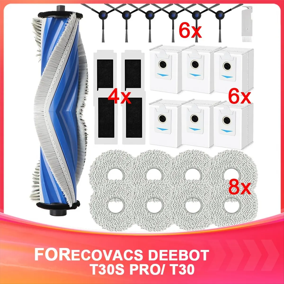 [A99U] Accessories for T30S Pro/ T30S,Replacement Part with Main Brush,Mop Cloths,Dust Bags,Side Brushes,Filters