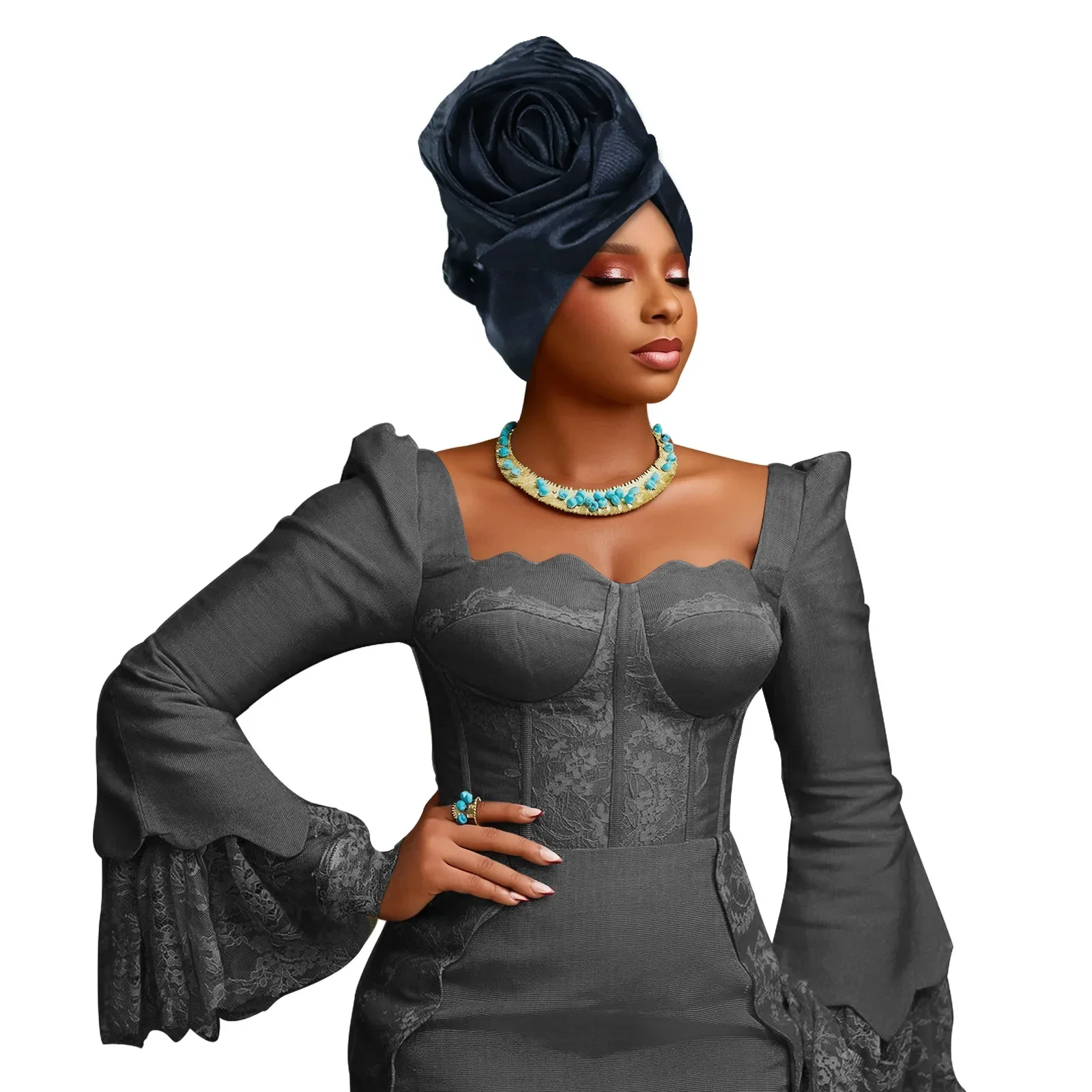 

Fashion Flower Turban Women African Auto Gele Headties Bonnet Muslim Hijab Hat Head Wrap Headwear Nigeria Wedding Party Headgear