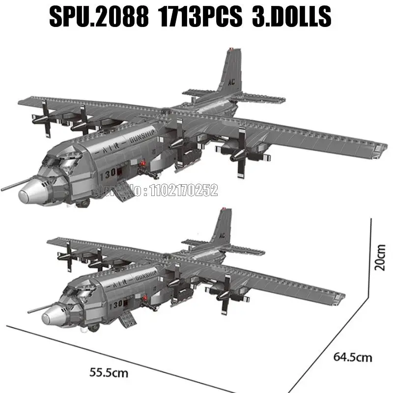 Xb06023 1713pcs Military Air Force Army The Ac130 Aerial Gunboat Plane Weapon Boy Building Blocks 3 Dolls Toy