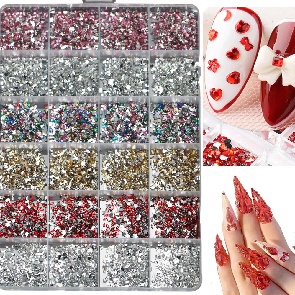 24Grids/Box 3D Mixed Sizes Diamond Nail Rhinestones Multi-Shape AB Crystal Gems Colorful Nail Art Charms DIY Manicure Decoration