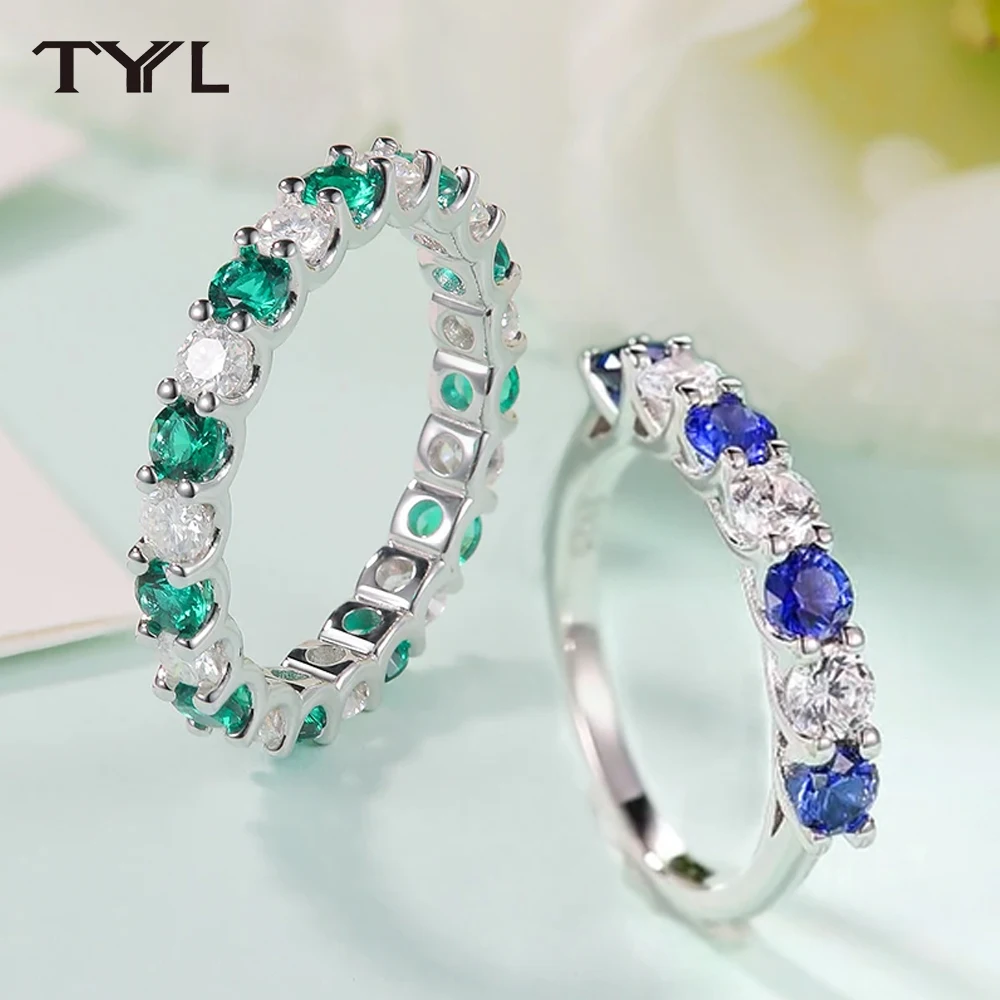 

TYYL 14K White Gold Ring with Lab Grown Emerald Sapphire Ruby Spacing Moissanite Half-set / Full-set Eternity Rings Jewelry
