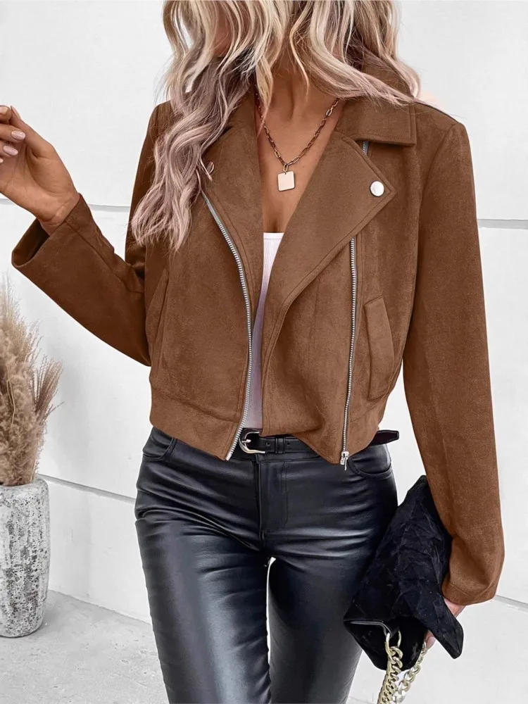 Frauen Casual Revers Zipper Jacke Nachahmung Hirschleder Samt Kurzen Mantel Winter Mode Schlanke frauen Reiten Kurze Jacke 2025