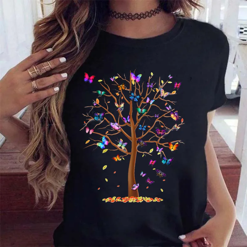 Woman Butterfly Tree Print Harajuku Summer Tshirts Casual Round Neck Short Slee Top Tee Shirt Women Black T-shirt Drop Ship