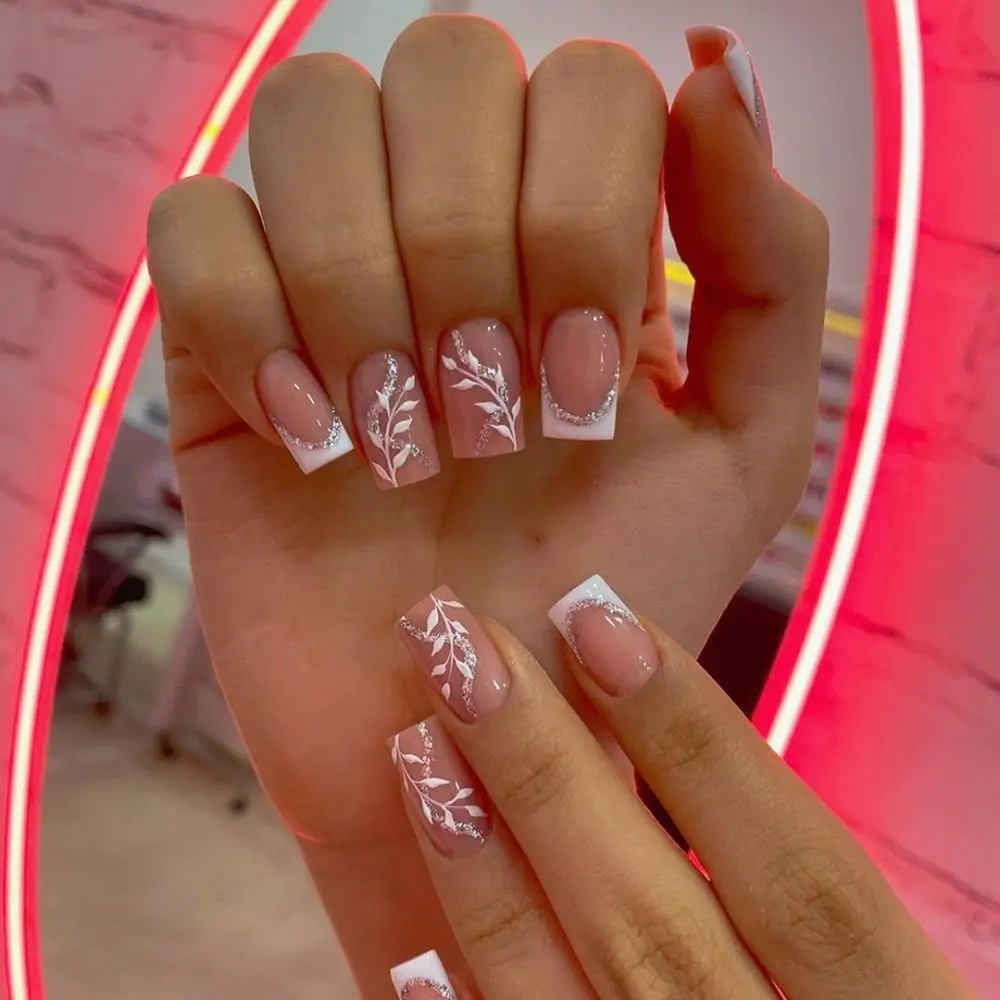 24 sztuki krótkie kwadratowe sztuczne paznokcie prosty biały krawędzi francuski Desgin pełna osłona odpinany sztuczne paznokcie paznokci Manicure — zdjęcie 7