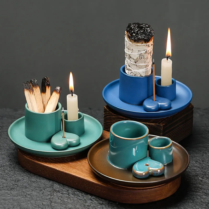 Ensemble de brûleurs d'encens en céramique, décoration d'intérieur multifonctionnelle, anciers d'encens 4 en 1, Eva de sauge, Palo Santo et bougeoir, 1PC