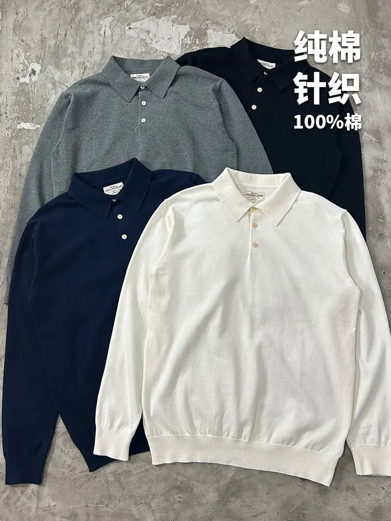 Heavyweight Pure Cotton Knit Shirts Long Sleeve Polo Vintage American Collared Loose Fit Business Casual Unisex Base Layer Tee