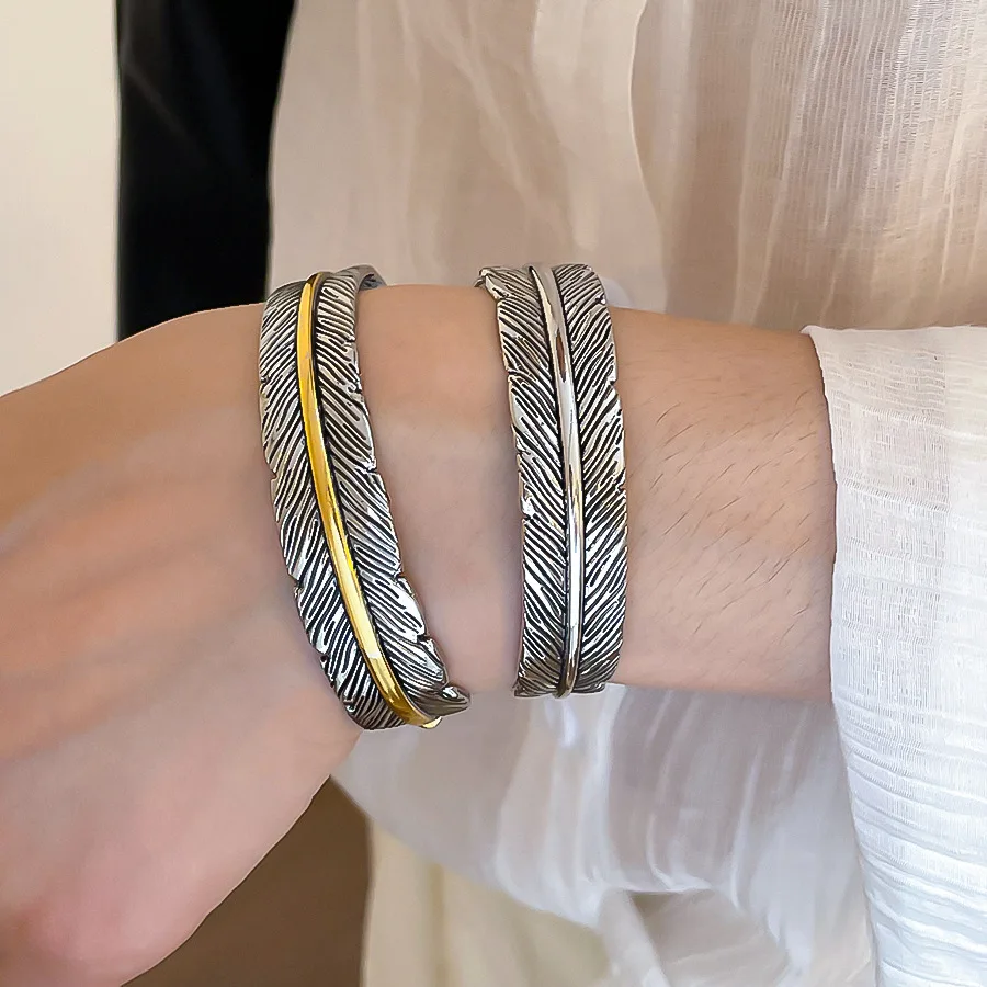 Personality Vintage Feather Silver Color Open Cuff Bracelet for Women Retro Punk Adjustable Bracelet Fashion Charm Jewelry
