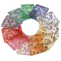 50pcs/lot Jewelry Bag Organza Gift Bag Hot Gold Color Rose Print Gifts Pouches Wedding Christmas Party Candy Jewelry Packing
