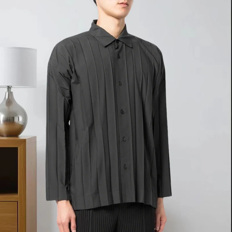 Miyake Pleated Shirt Men's Minimalist Series Premium Feel Pleated Top Draped Silhouette Long Sleeve Casual Shirt Men's 2025