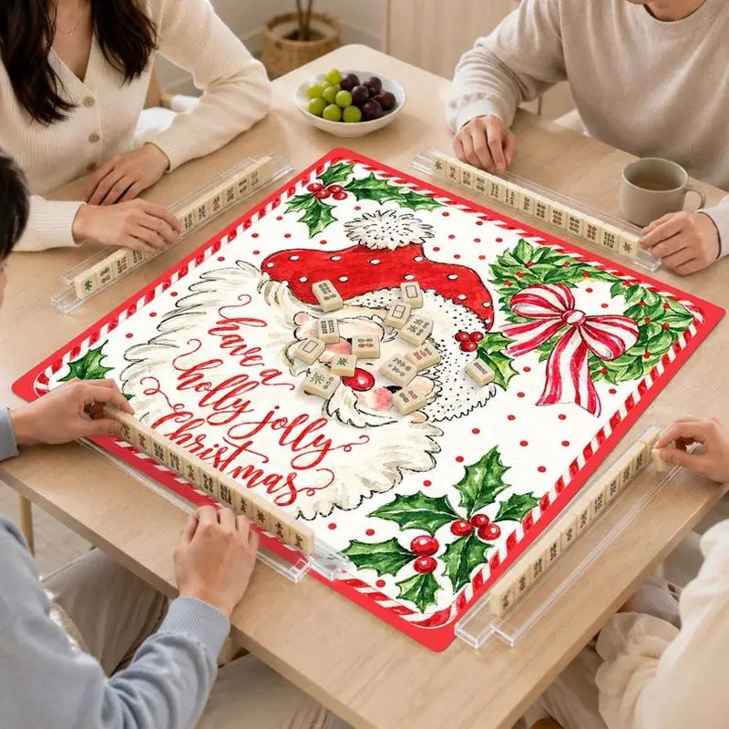 VIKAMA Christmas Mahjong Mat White Red Polka Dot Watercolor Santa Holly Jolly Candy Cane Border Square 2027 Christmas Home Decor