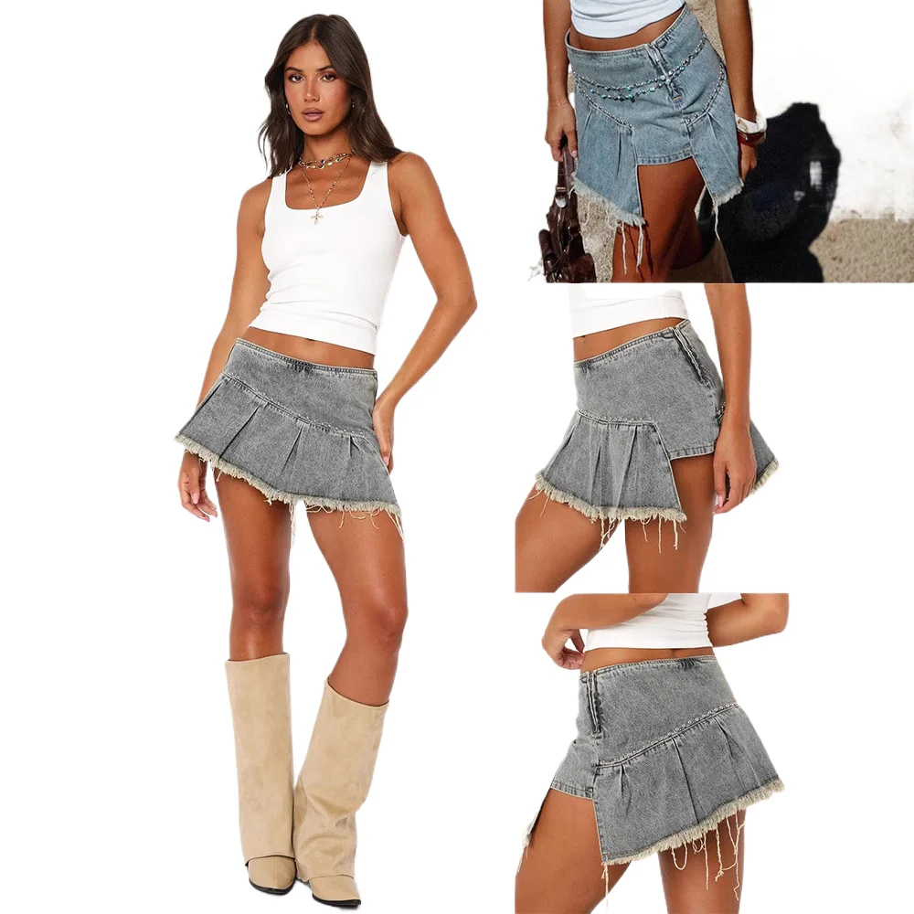 

2025 New Fashion Women's Summer Sexy Rivet A-line Washed Solid Blue Jeans Skirts Casual Trendy Pleated Skirts Female Streetwear