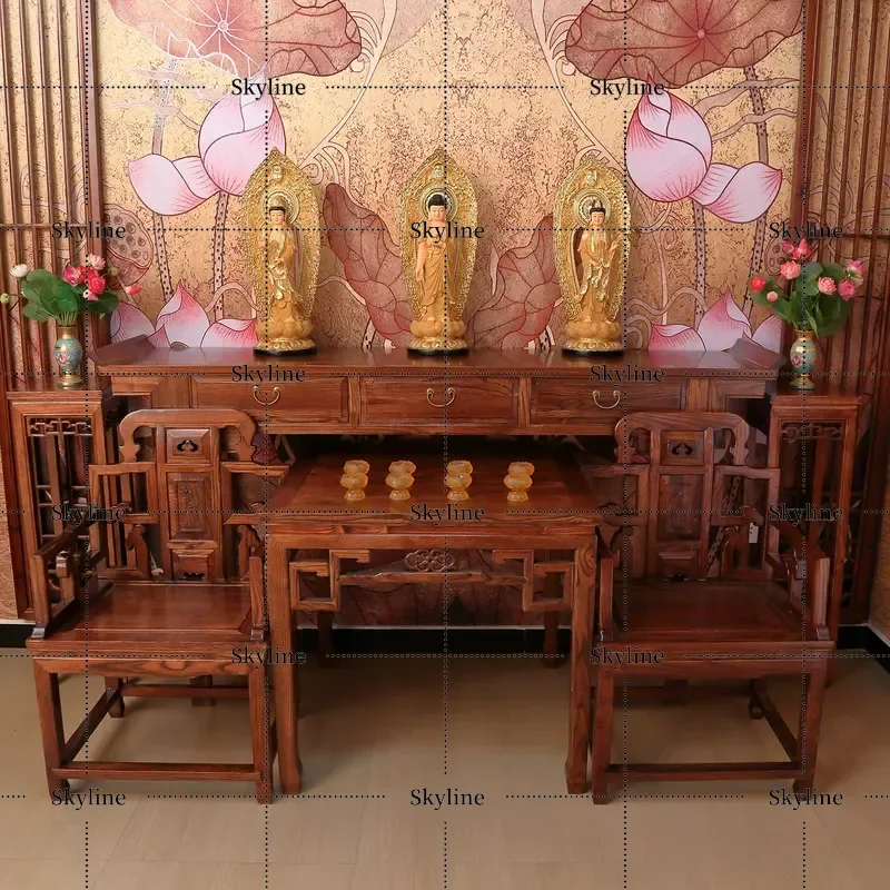 for Zhongtang Solid Wood Incense Table Main Hall Six Piece Set Rural Eight Immortals Table New Chinese Style Strip Case