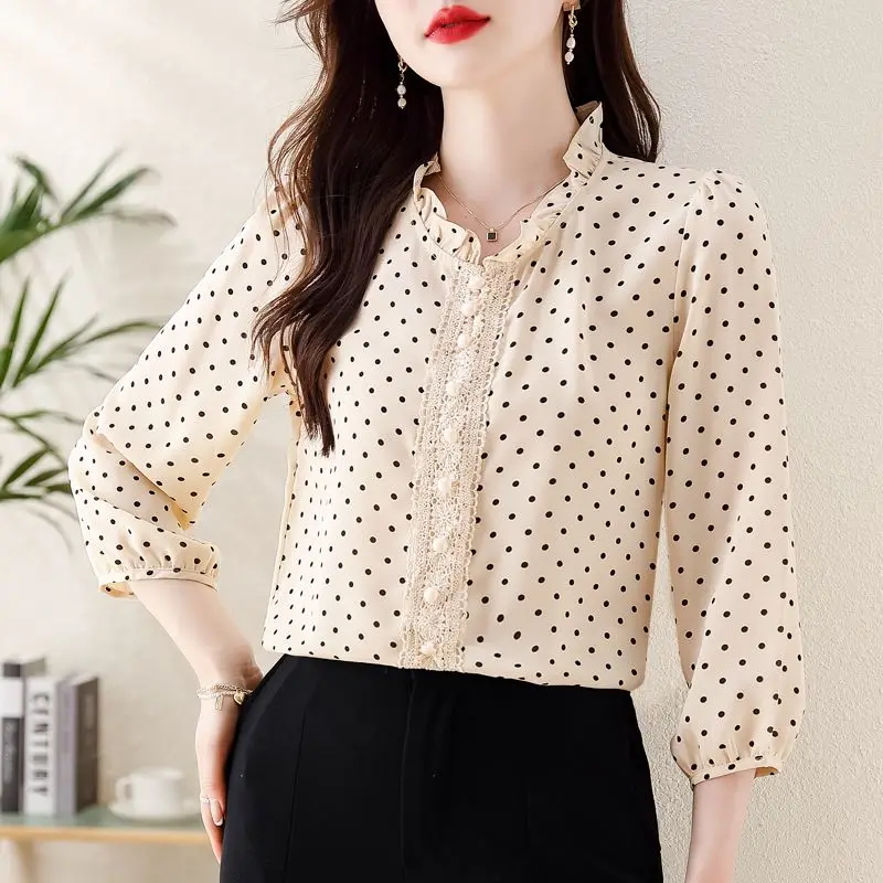 2024 New Summer Office Lady Loose Casual Retro Korean Style Women's Shirt Sweat Polka Dot Splicing Lapels Long Sleeve Chic Tops