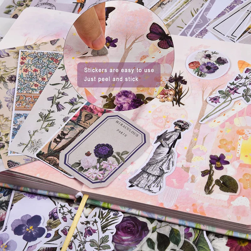 200 PCS Vintage Scrapbooking Paper & Stickers Journal DIY Decorative Plant Flower Scrapbook Materials Pack for Planner Hand DIY