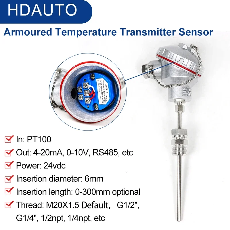 Termopar Blindado Pt100 j K-tipo Transmissor de Temperatura M20x1.5 Resistência Térmica tc Rtd Sensor 420ma 05v Rs485