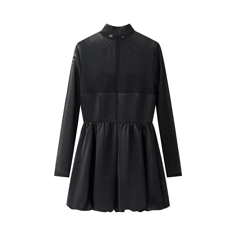 JNLEAOG セクシーなメッシュバブルヘムドレス フレンチスタイル 長袖プリンセススカート ポリエステル生地 ミッドウエスト Aラインシルエット